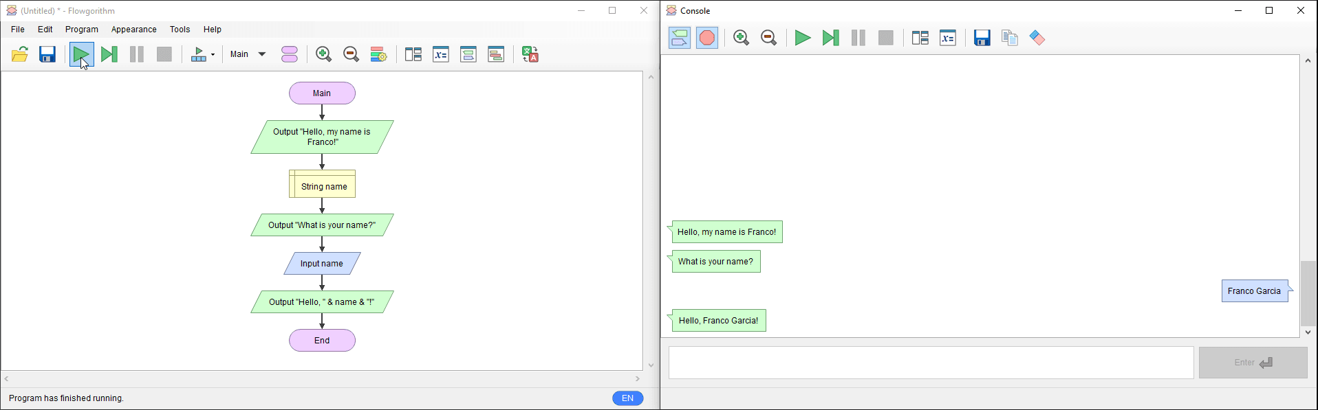 Example of visual programming in Flowgorithm with a variable with the type string.