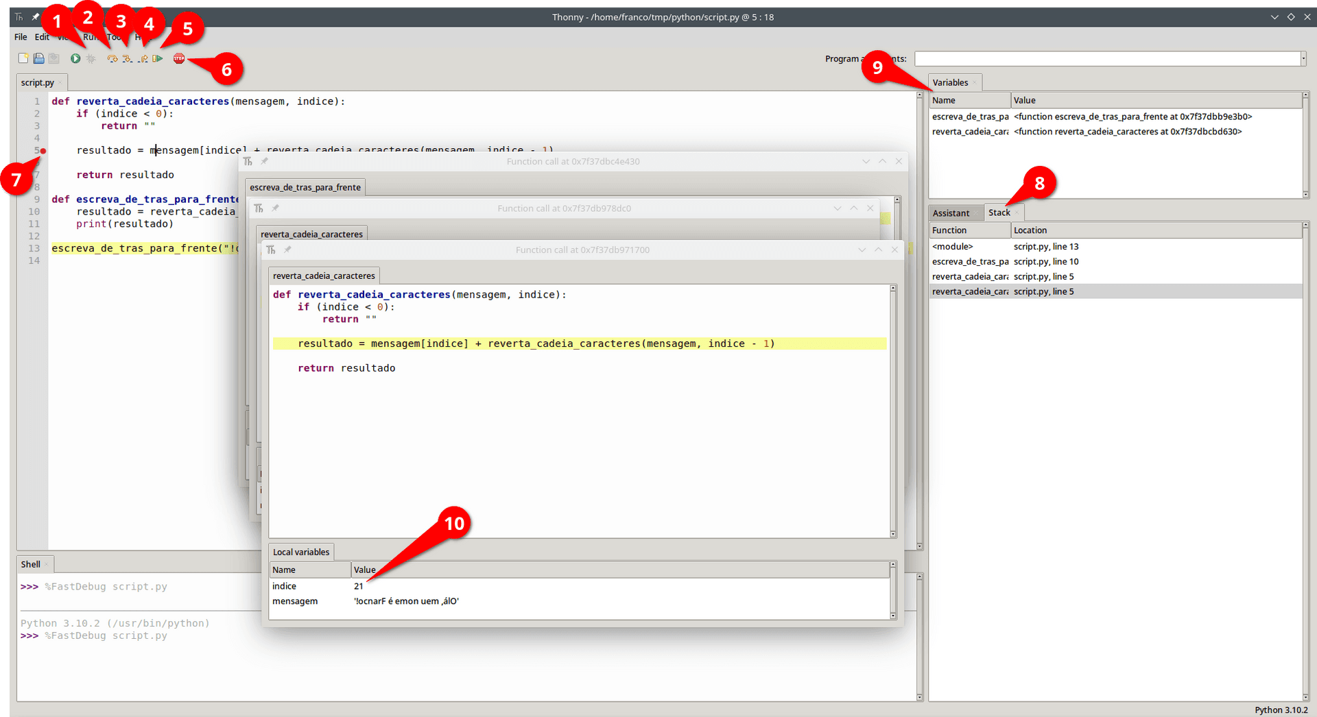 Depurador de Thonny para Python. A imagem possui alguns números com funcionalidades providas na interface. Os números são descritos em texto após esta imagem.