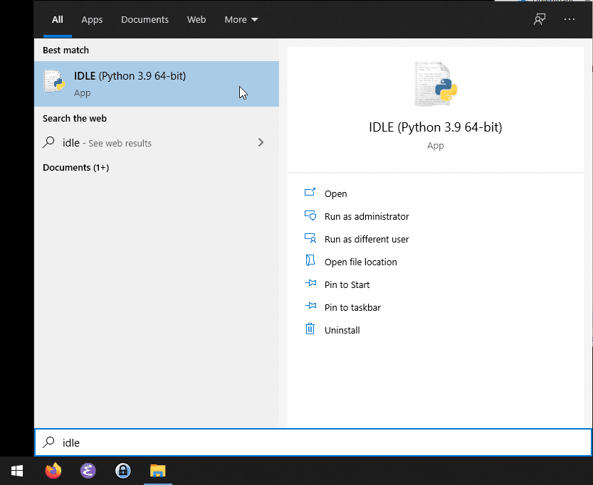 Search results for the term IDLE in the Windows' Start menu. After the search presents the IDE as a result, you can run it to start programming in Python.