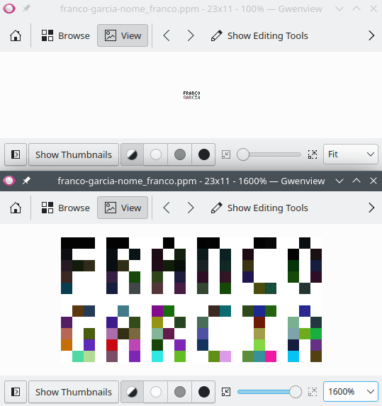 Imagem PPM resultante exibida no Gwenview, com o texto 'Franco Garcia' escrita com cores aleatórias sobre fundo branco. A imagem do topo é o resultado da execução do programa, com dimensões 23x11 pixels. A imagem de baixo é uma ampliação de 1600%.