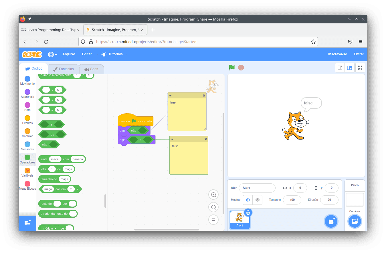 Exemplo de uso de valor lógico e comentário em Scratch com a interface em Português.