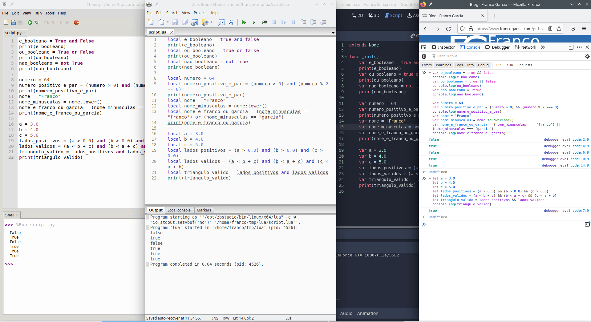 Exemplos de uso de operações lógicas em Python, Lua, GDScript e JavaScript.