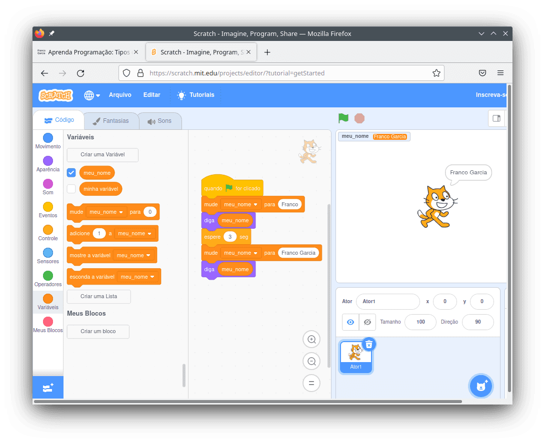 Exemplo de uso de variável em Scratch com a interface em Português.