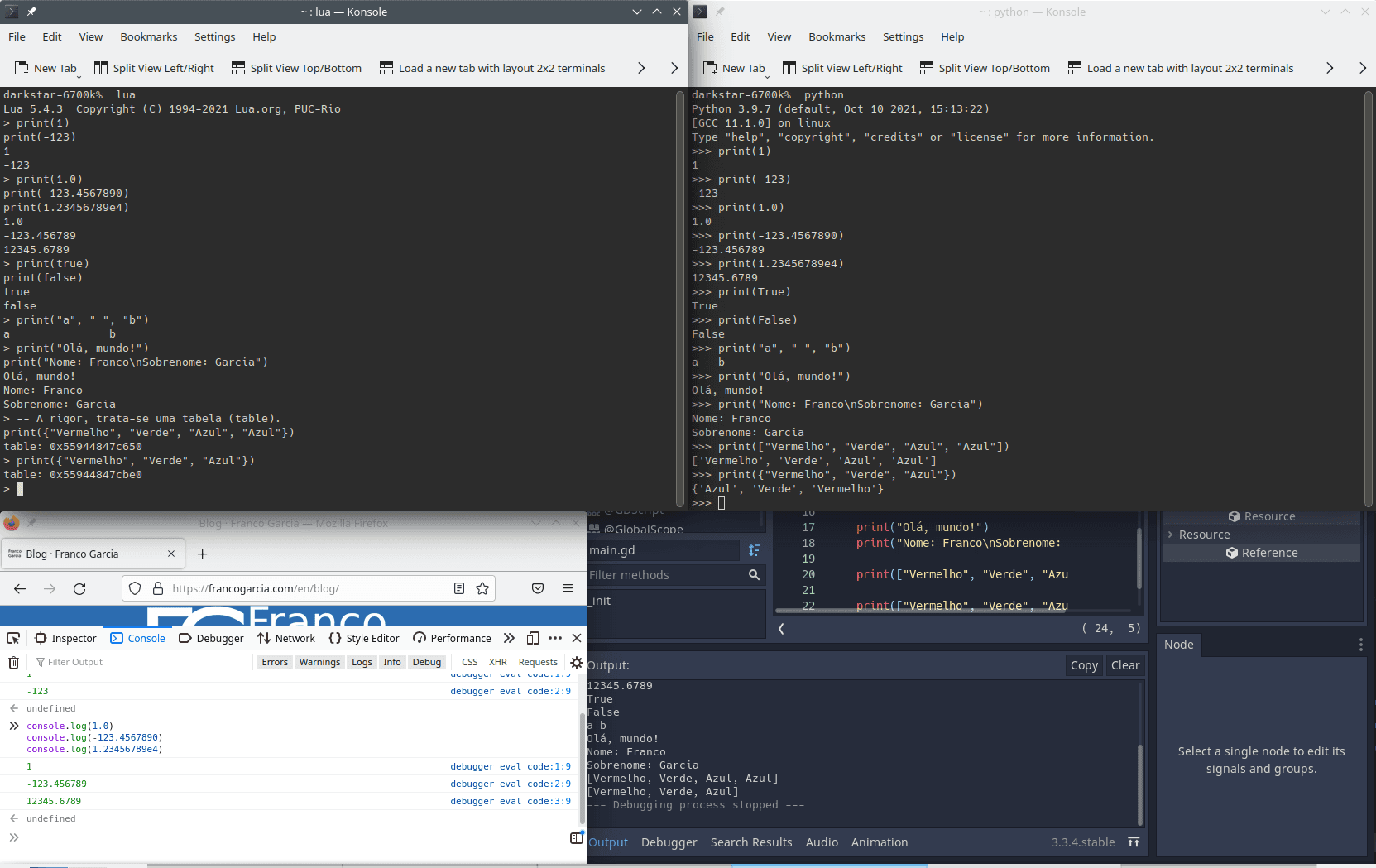 Exemplos de tipos de dados nas linguagens de programação Lua, Python, JavaScript e GDScript.