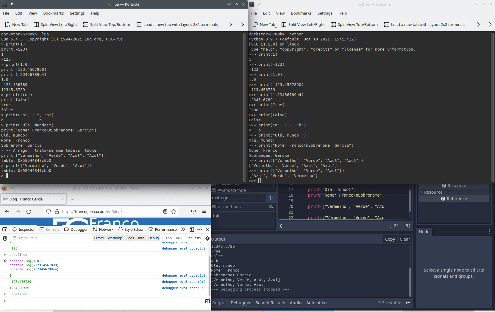 Examples of data types in the Lua, Python, JavaScript and GDScript programming languages.