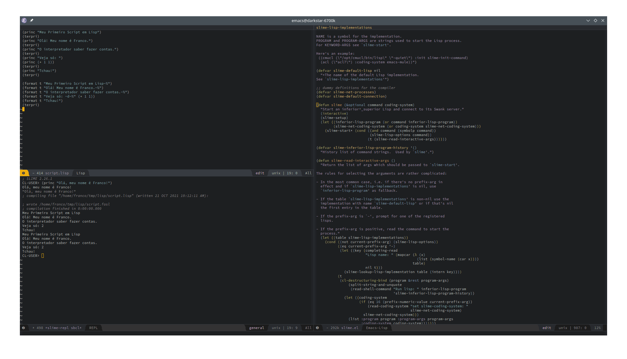 An image of GNU Emacs, a text editor for programming in LISP, with examples of the source code snippets presented in the article written in the text editor and their results on the shell. On the right side of the image, part of the source code for SLIME, which assisting programming in LISP using Emacs.