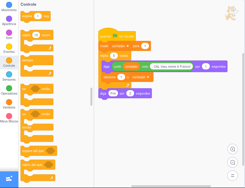 Exemplo de uso de `repita` em Scratch, como um `para`.