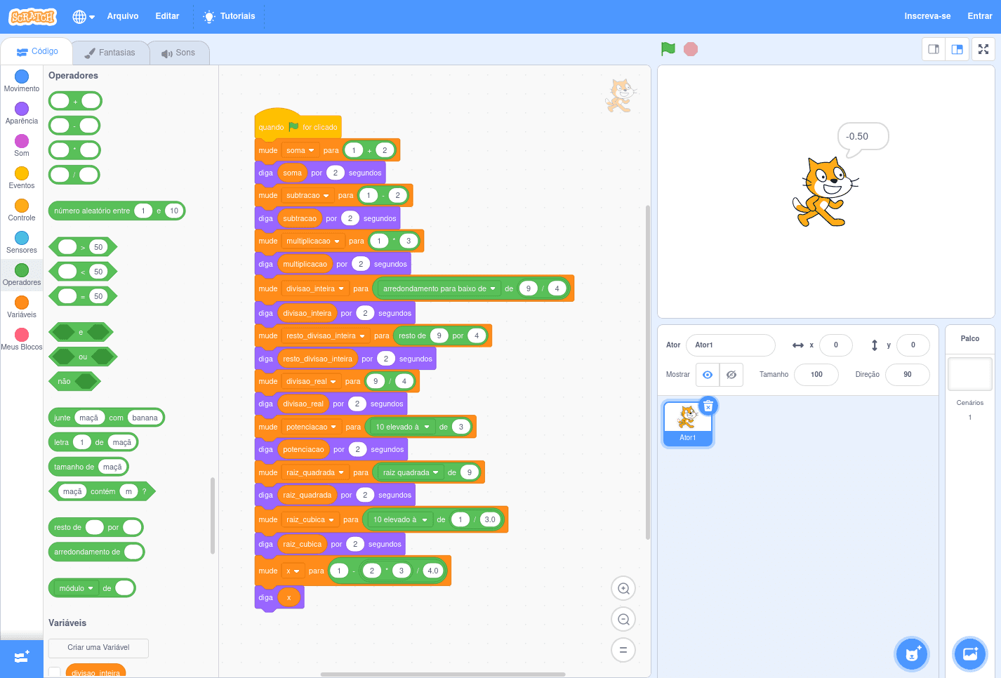 Exemplo de operações aritméticas básicas em Scratch: soma, subtração, multiplicação, divisão inteira, resto de divisão inteira, divisão real, potenciação, raiz quadrada, raiz cúbica e cálculo de uma expressão.