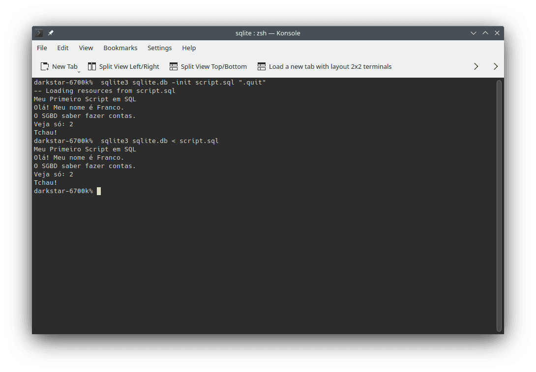 Execução do arquivo `script.sql` na linha de comando. A imagem ilustra o comando utilizado (`sqlite3 sqlite.db < script.sql`) e os resultados da execução do programa.
