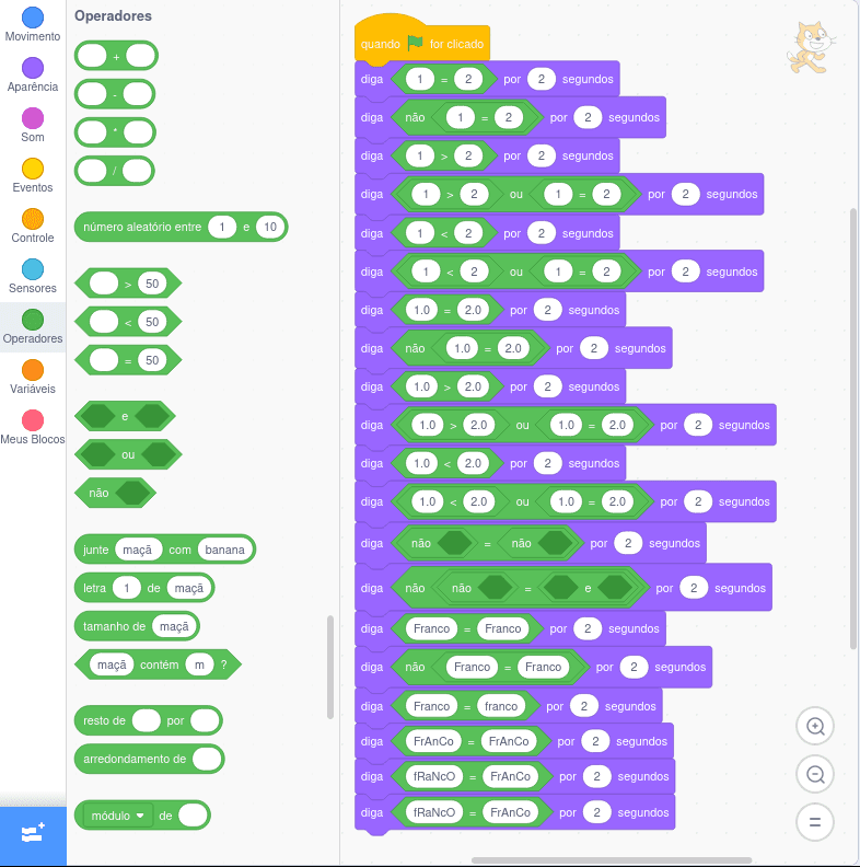 Exemplo de operações relacionais em Scratch: igualdade, diferença, menor, maior, menor e igual, e maior e igual.