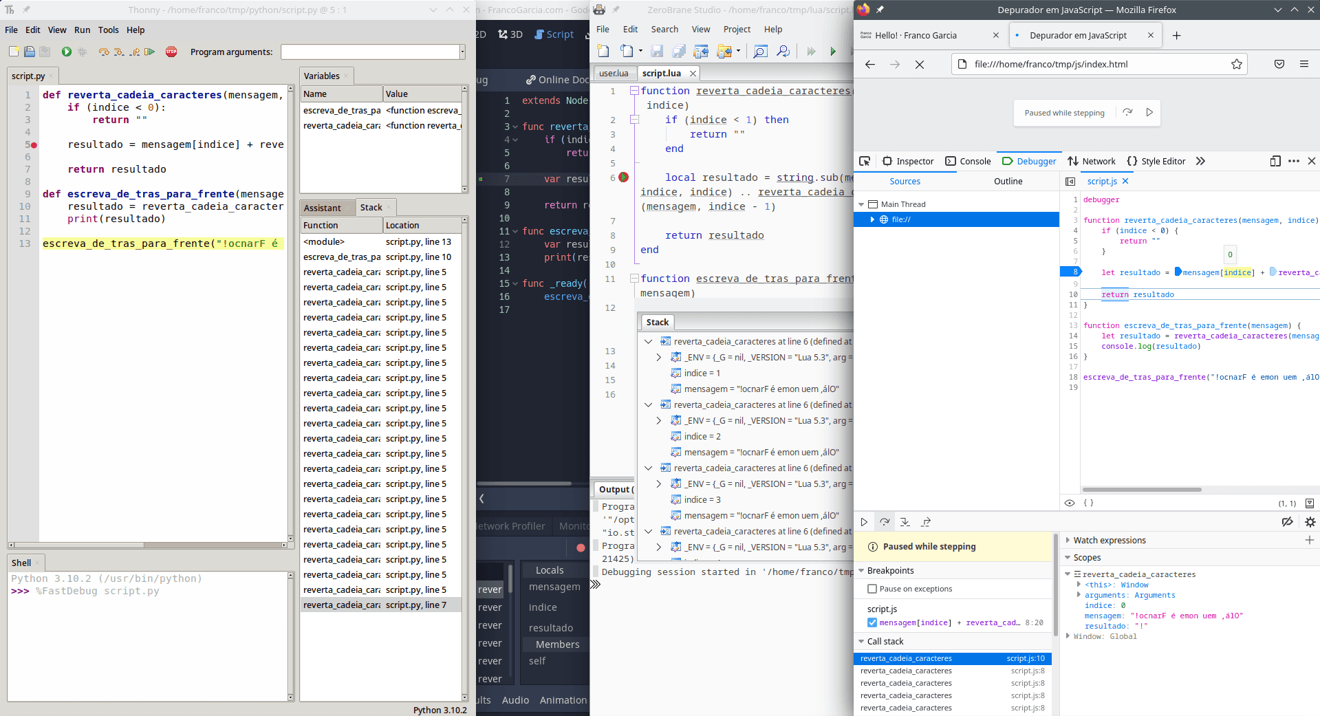 Exemplos de uso de depuradores em quatro linguagens de programação: Python, Lua, GDScript e JavaScript.