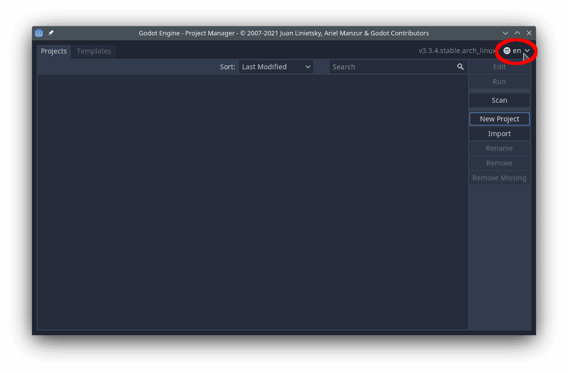Option to change the language in the Godot Engine editor.
