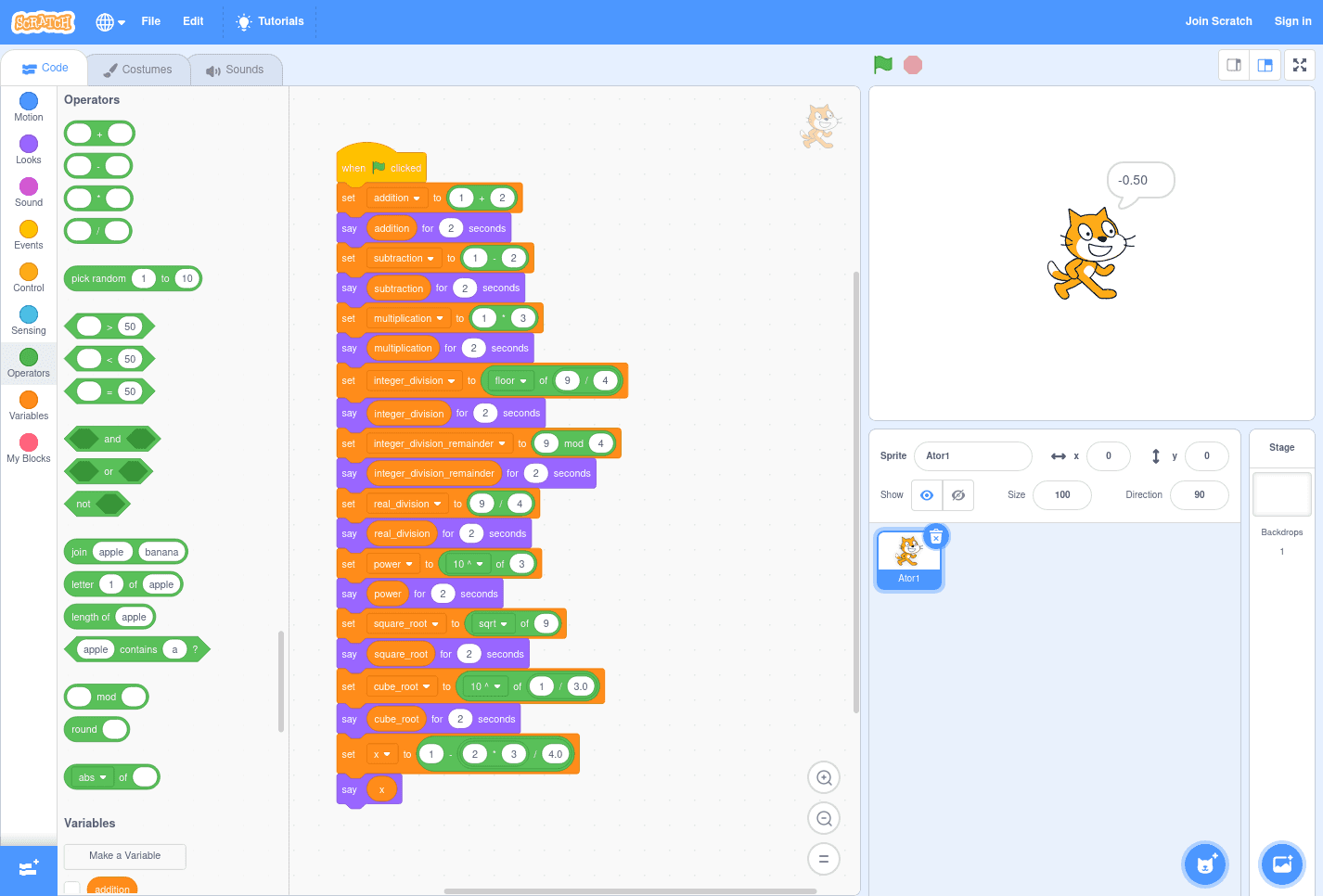 Example of basic arithmetic operations in Scratch: addition, subtraction, multiplication, integer division, integer division remainder, real division, power, square root, cube root and calculus of an expression.