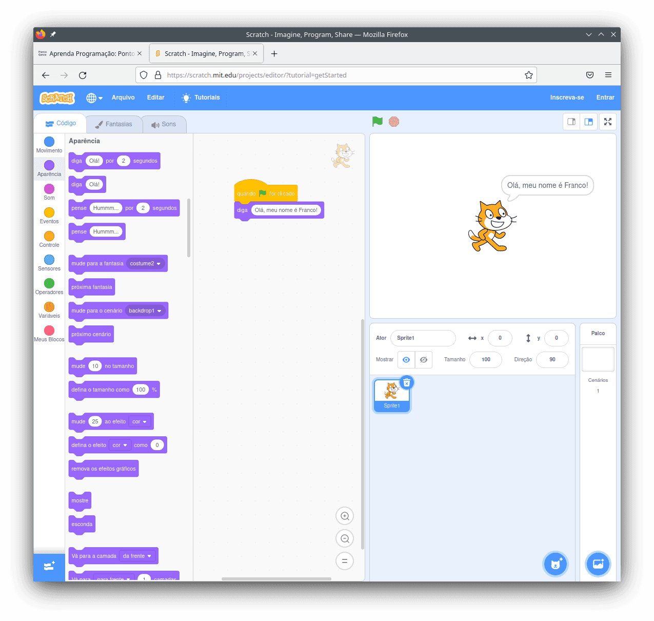Example of visual programming in Scratch in a Portuguese page.