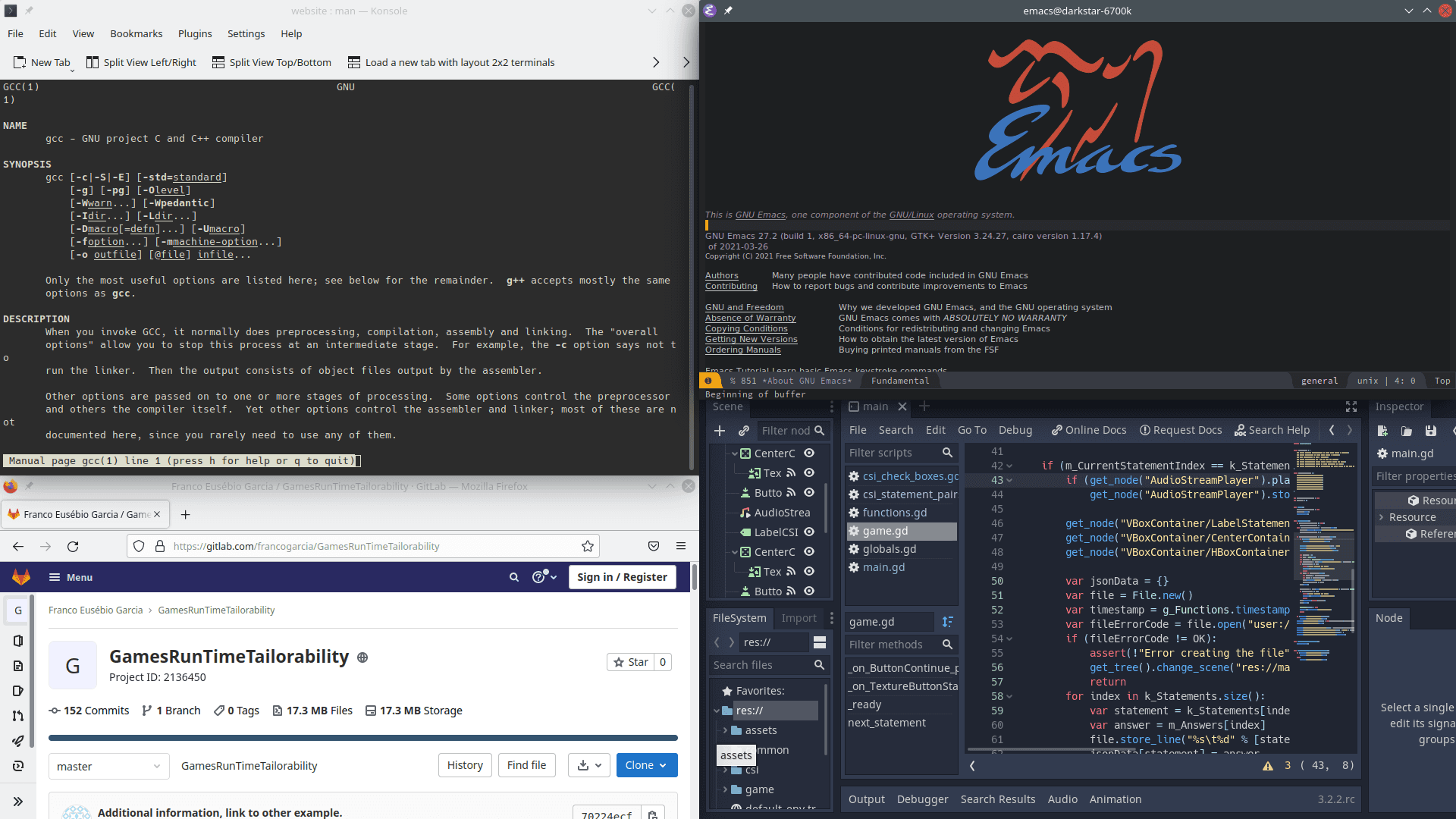 Alguns programas que se pode usar para o desenvolvimento de software em um computador: o compilador GCC, o editor de texto Emacs, o navegador de Internet Firefox e o editor integrado do motor para jogos Godot Engine.