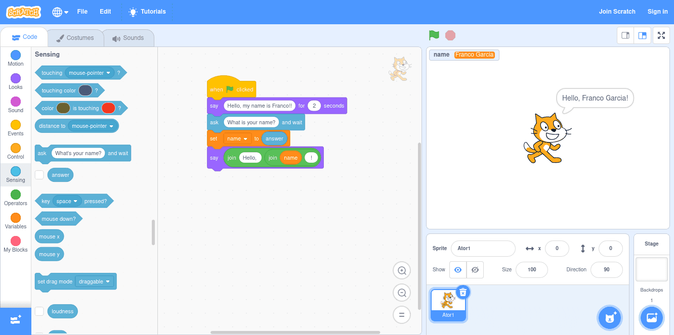 Example of visual programming in Scratch with a variable with the type string.