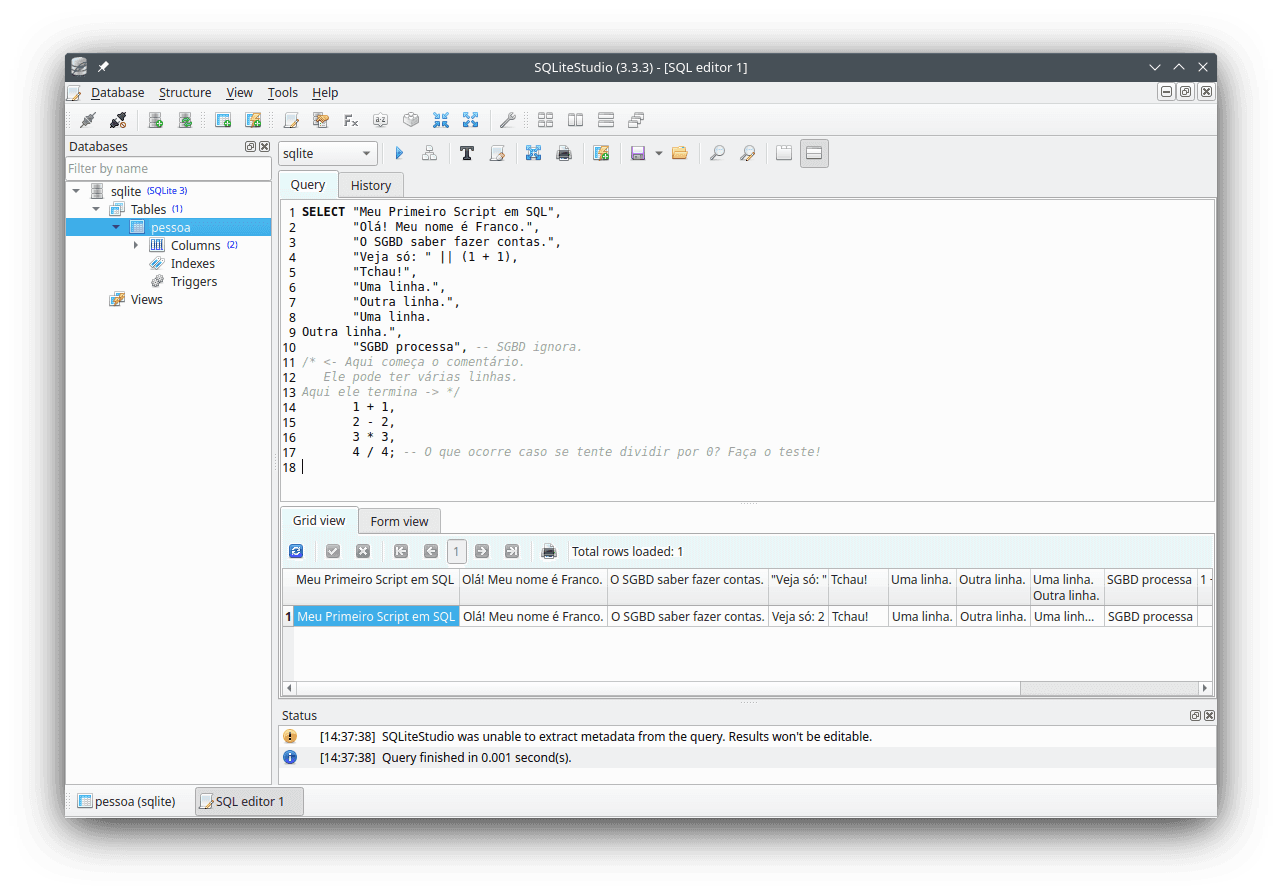 Exemplo de uso do programa `SQLiteStudio`, com trechos de código apresentados nesta página.