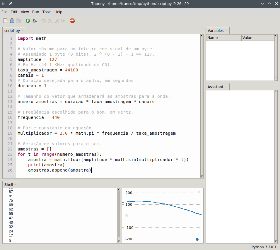 O plotador fornecido por Thonny para a saída de programa permite visualizar saídas numéricas como um gráfico. No exemplo, a escrita das amostras resulta na visualização da onda senoidal discretizada.