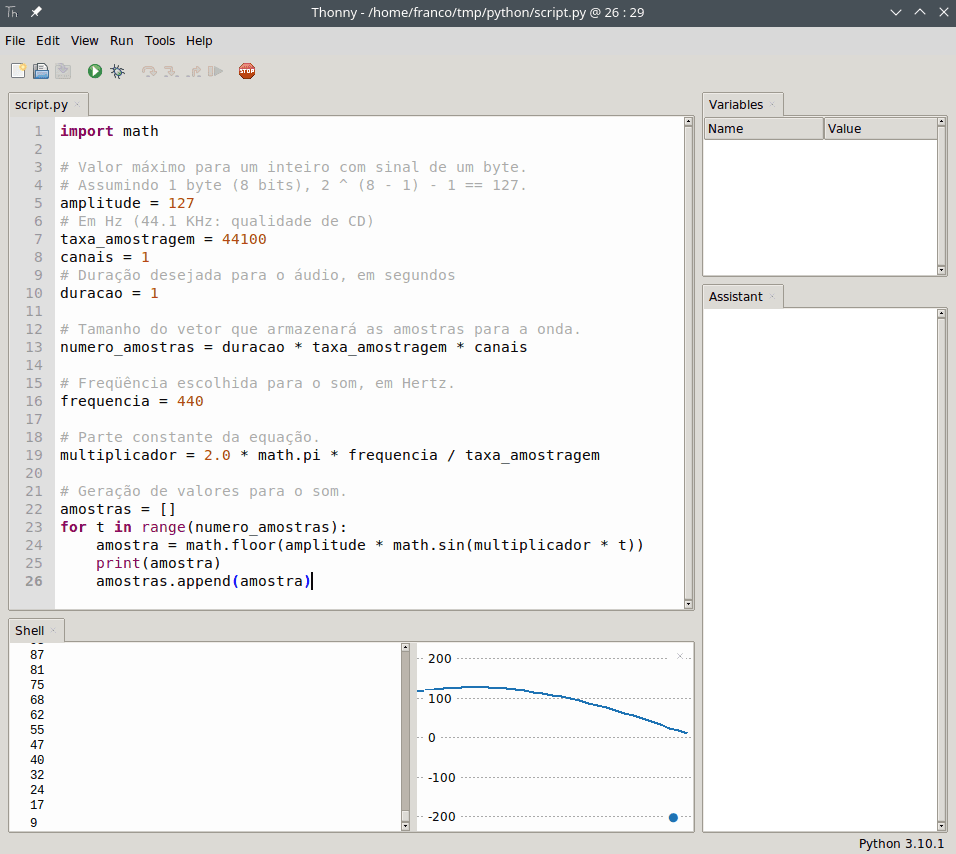 The plotter provided by Thonny for program outputs allow visualizing numeric outputs as a graphic. In the example, writing the values of the samples results in a visualization for discretized the sinusoidal wave.