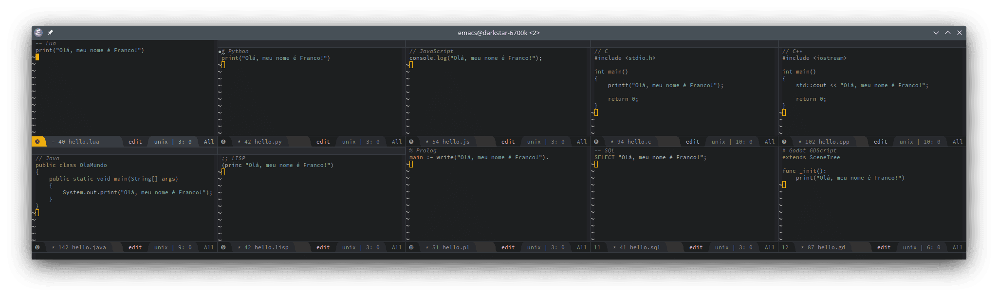 GNU Emacs com código-fonte para o programa `Hello, world!` (`Olá, mundo!`), com `Olá, meu nome é Franco!` escrito em dez linguagens de programação: Lua, Python, JavaScript, C, C++, Java, LISP, Prolog, SQL e GDScript.