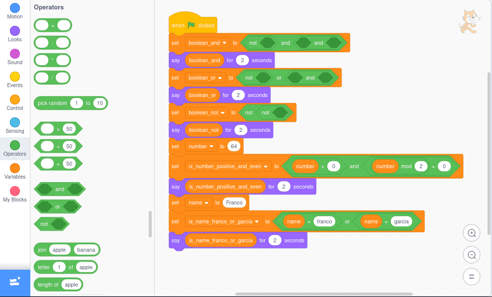 Examples of logic operators in Scratch with the English interface.