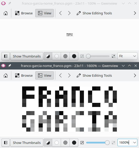 Imagem PGM resultante exibida no Gwenview, com o texto 'Franco Garcia' escrito em tons de cinza sobre fundo branco. A imagem do topo é o resultado da execução do programa, com dimensões 23x11 pixels. A imagem de baixo é uma ampliação de 1600%.