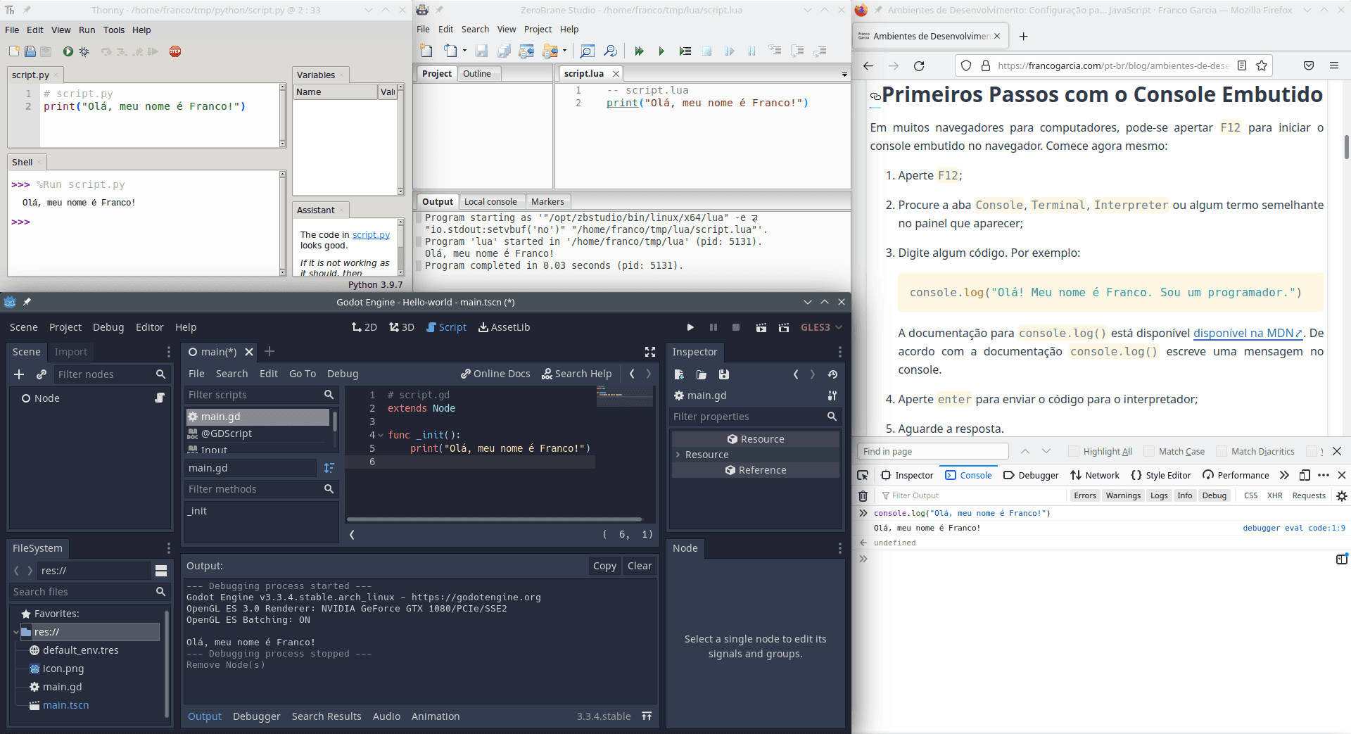 Exemplos saída de programas em terminal em quatro linguagens de programação: Python, Lua, GDScript e JavaScript.