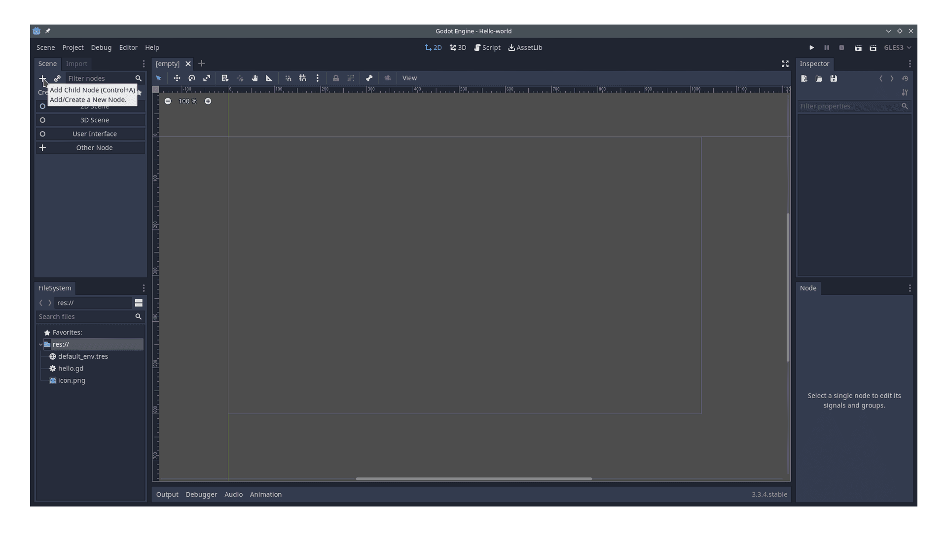 Example of adding a node in the project being edited.