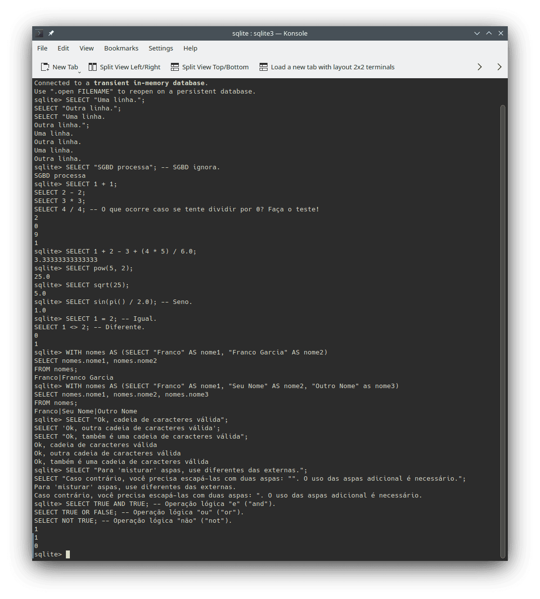 Exemplos de uso e saídas dos trechos de código apresentados nesta seção utilizando o SGBD `sqlite3` para SQL na linha de comando.