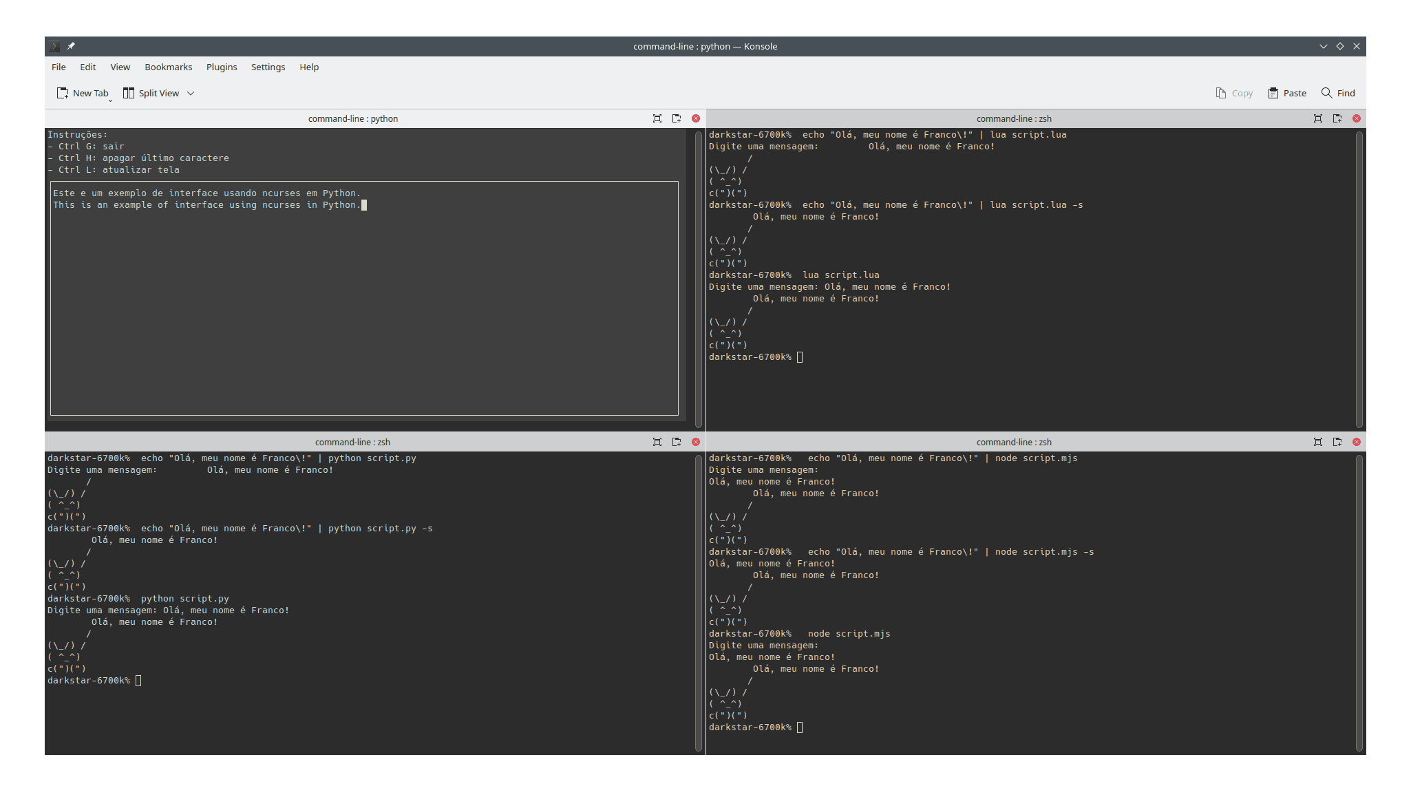 Exemplos de uso de entrada em linha de comando em quatro linguagens de programação: Python, Lua, GDScript e JavaScript.