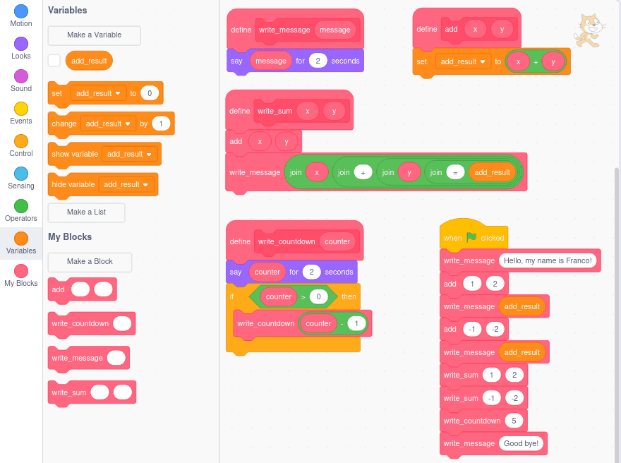 Example of using subroutines in Scratch, using the English interface.