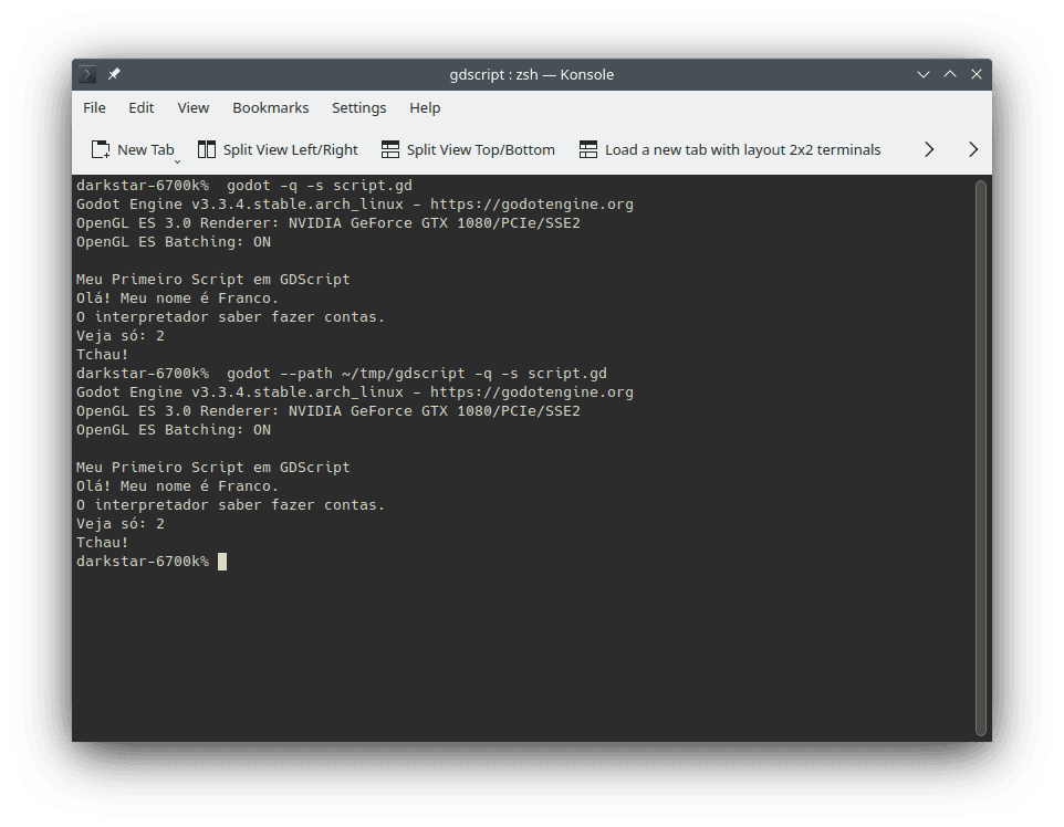 Execução do arquivo `script.gd` na linha de comando. A imagem ilustra o comando utilizado (`godot -q -s script.gd`) e os resultados da execução do programa.