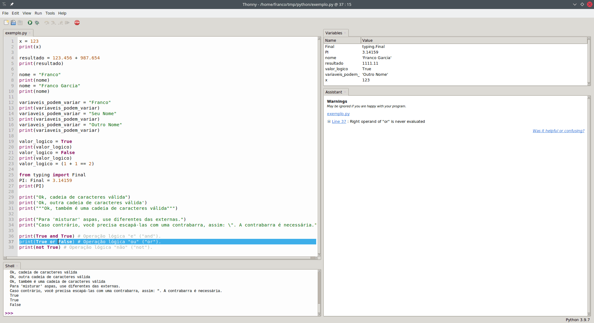 Imagem do IDE Thonny para programação em linguagem Python, com exemplos de código-fonte apresentados nesta página no editor e resultados de execução no interpretador.