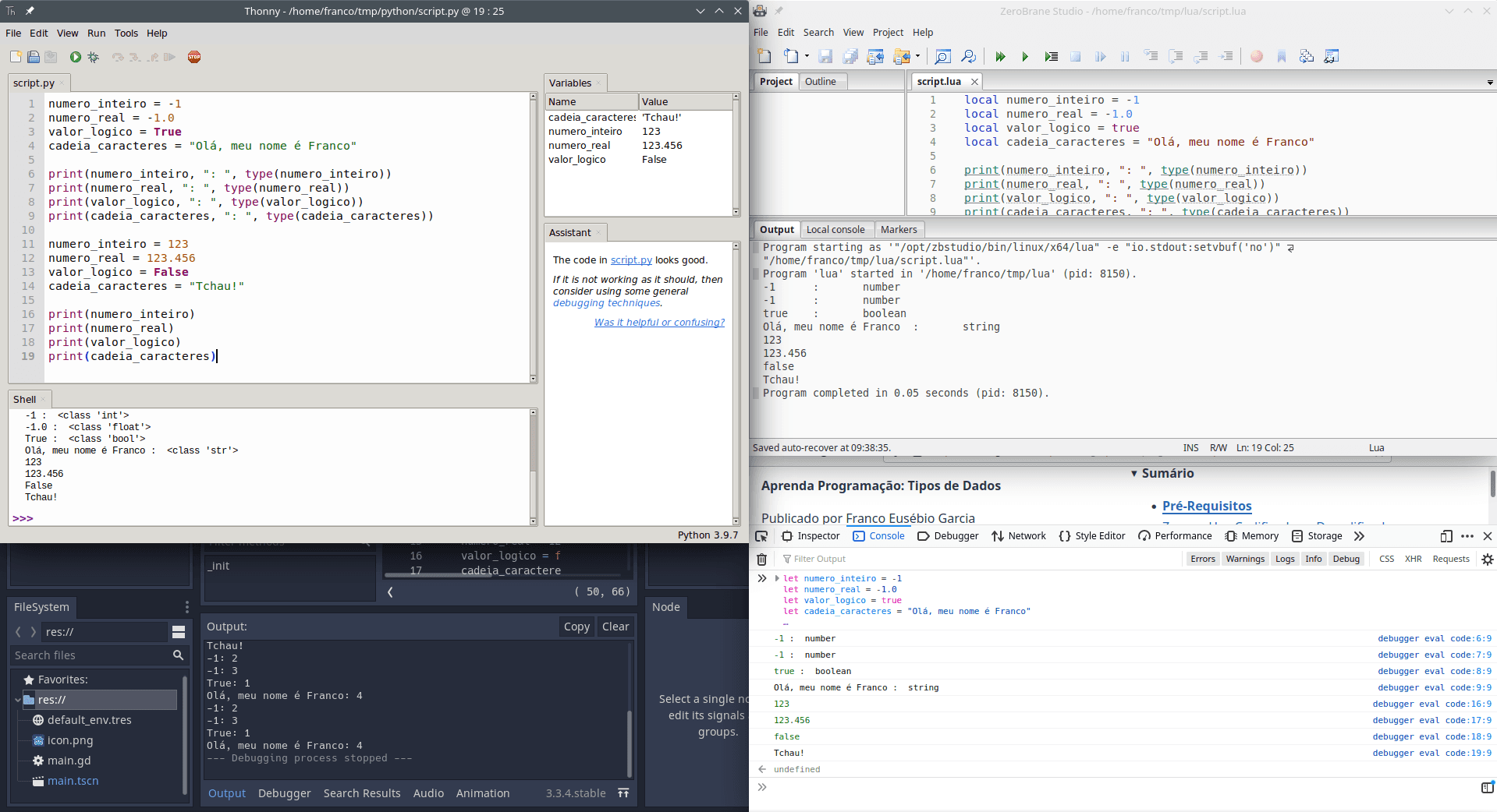 Exemplos de declaração e inicialização de variáveis nas linguagens de programação Python, Lua, GDScript e JavaScript.