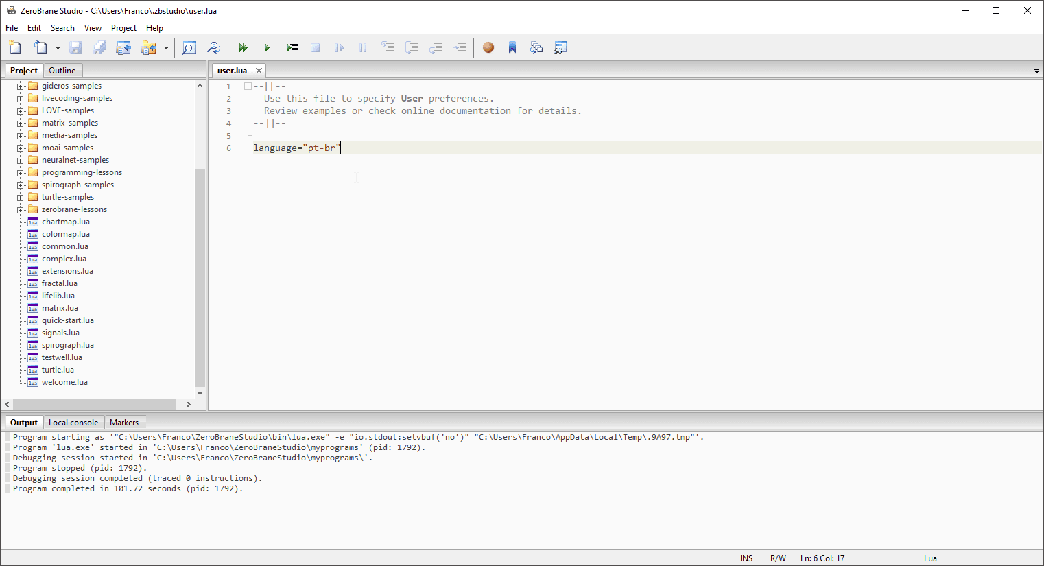 Translating `ZeroBrane Studio` to Portuguese. After accessing the configurations, type the following Lua code: `language="pt-br"`. Save the file and restart the IDE to change the language.