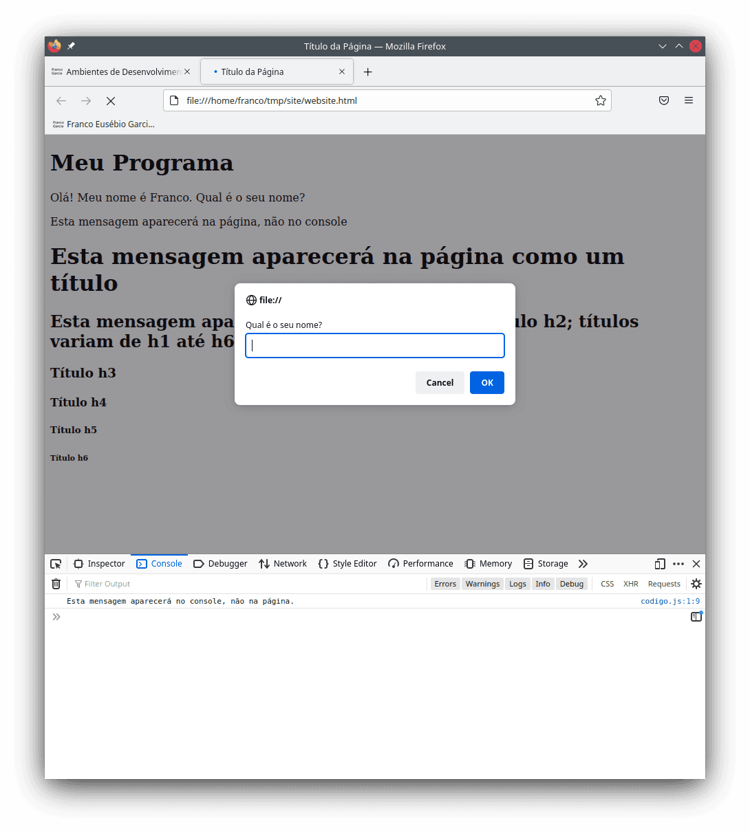 The Portuguese version of the new page with further uses of `add_element()`. The image displays the request for the user's name.