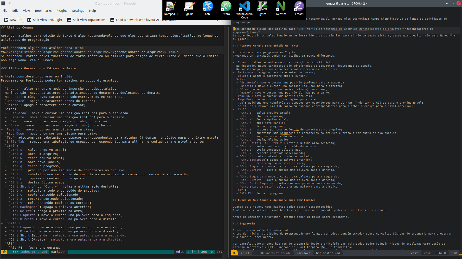 No centro e no topo da imagem: os ícones para alguns editores de texto para programação: Notepad++, gedit, Kate, Atom, Visual Studio Code, gVim, NeoVim, Emacs. No fundo, na esquerda: a configuração usada pelo autor para Emacs em uma sessão de terminal (Konsole do KDE). Na direita: a configuração usada pelo autor para Emacs em execução na interface gráfica de usuário.