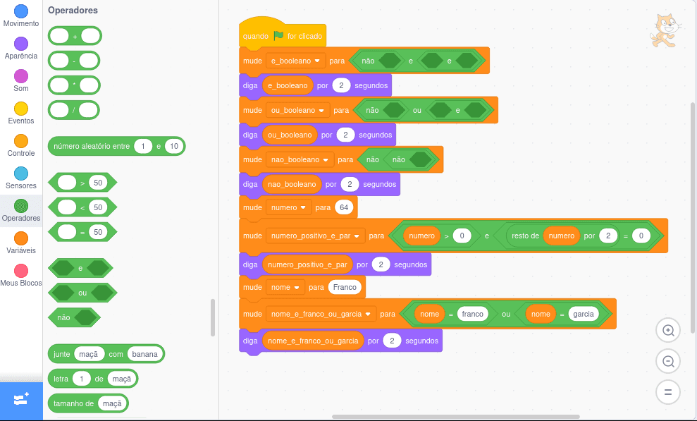 Exemplo uso de operadores lógicos em Scratch em página em Português.