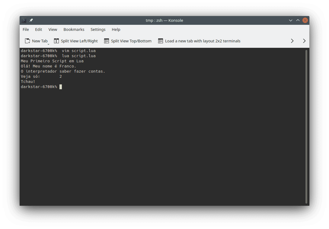 Execução do arquivo `script.lua` na linha de comando. A imagem ilustra o comando utilizado (`lua script.lua`) e os resultados da execução do programa.